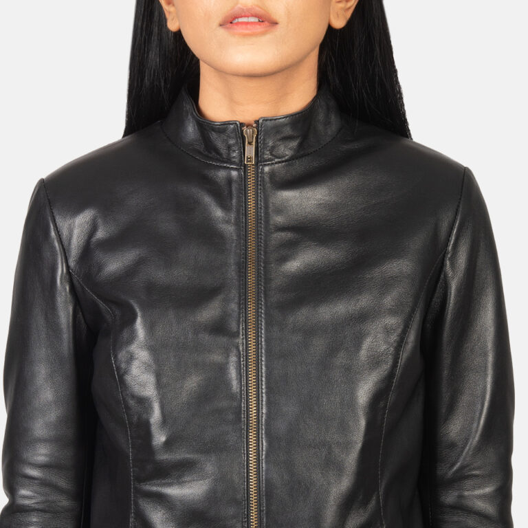 Womens Rumella Black Leather Biker Jacket Close-Up-9-1652188525217
